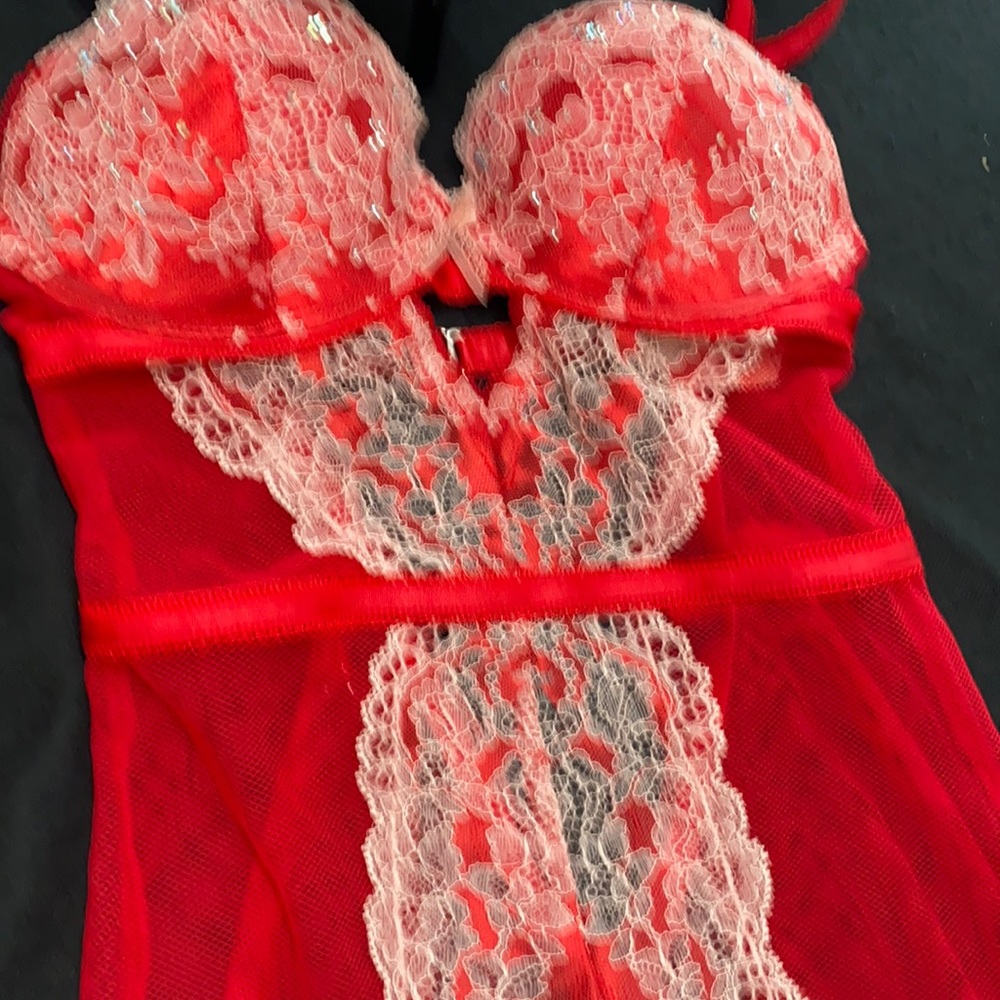 Victoria's Secret Red and White Lace Mesh Chemise